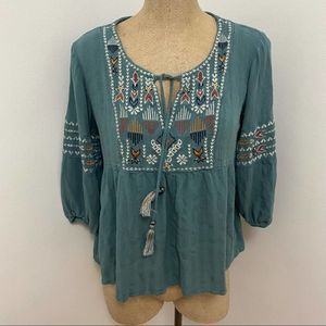 Knox Rose Teal Aztec Blouse With Front String
